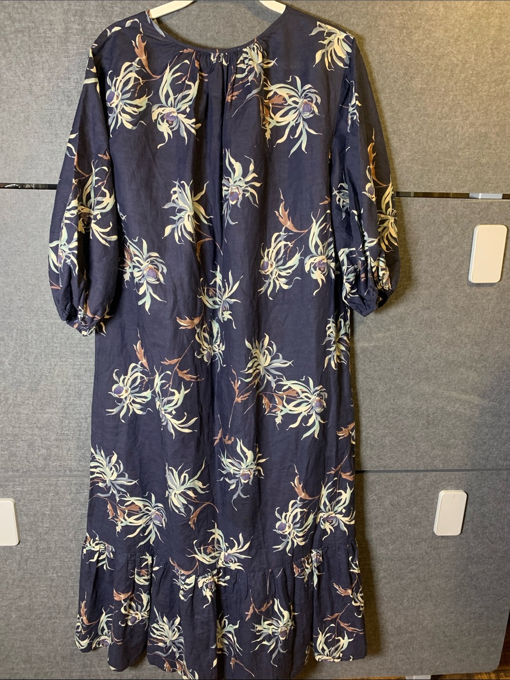ANN MASHBURN Navy Floral Maxi Dress with Cream and Tan Accents